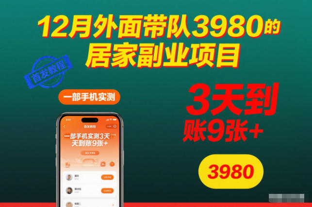 12月外面带队3980的居家副业项目，一部手机实测3天到账9张+，首发教程【揭秘】-伯乐项目网