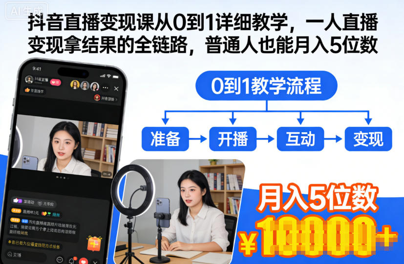 抖音直播变现课从0到1详细教学，一人直播变现拿结果的全链路，普通人也能月入5位数-伯乐项目网