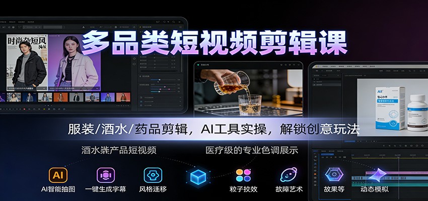 多品类短视频剪辑课：服装/酒水/药品剪辑，AI工具实操，解锁创意玩法-伯乐项目网