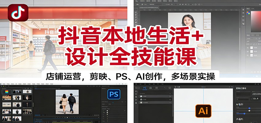 抖音本地生活+设计全技能课：店铺运营，剪映、PS、AI创作，多场景实操-伯乐项目网