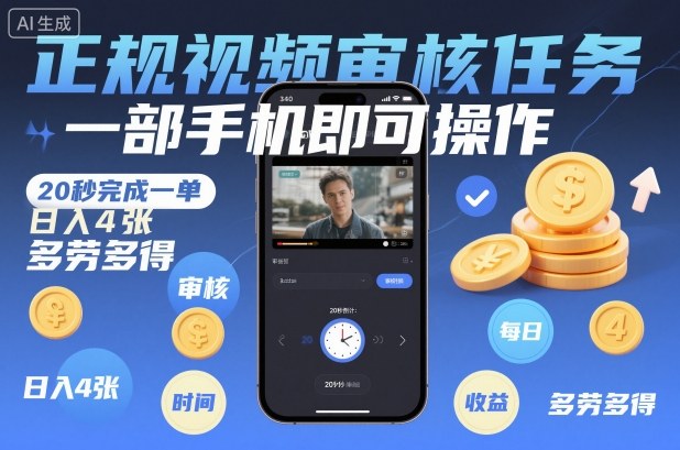 正规视频审核任务，一部手机即可操作，20秒完成一单，日入4张，多劳多得【揭秘】-伯乐项目网